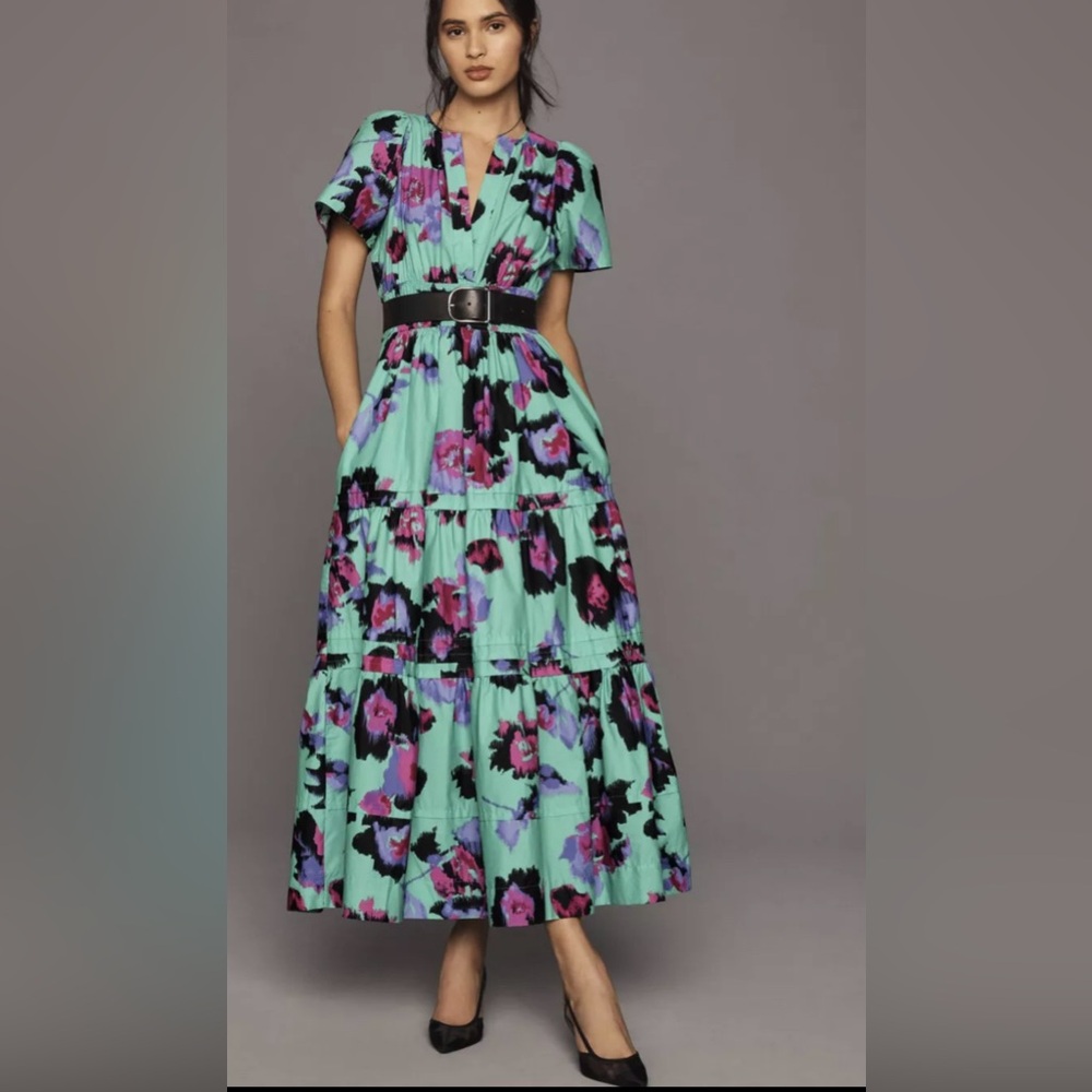 Anthropologie Mint Green Maxi Dress with Purple & Black Floral Print